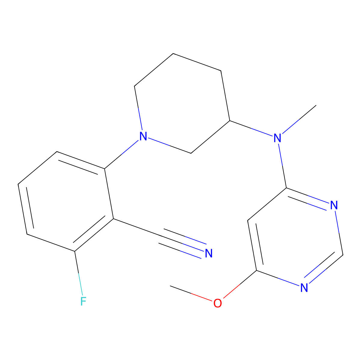 2-Fluoro-6-{3-[(6-methoxypyrimidin-4-yl)(methyl)amino]piperidin-1-yl}benzonitrile molecular structure, CAS 3054575-18-4