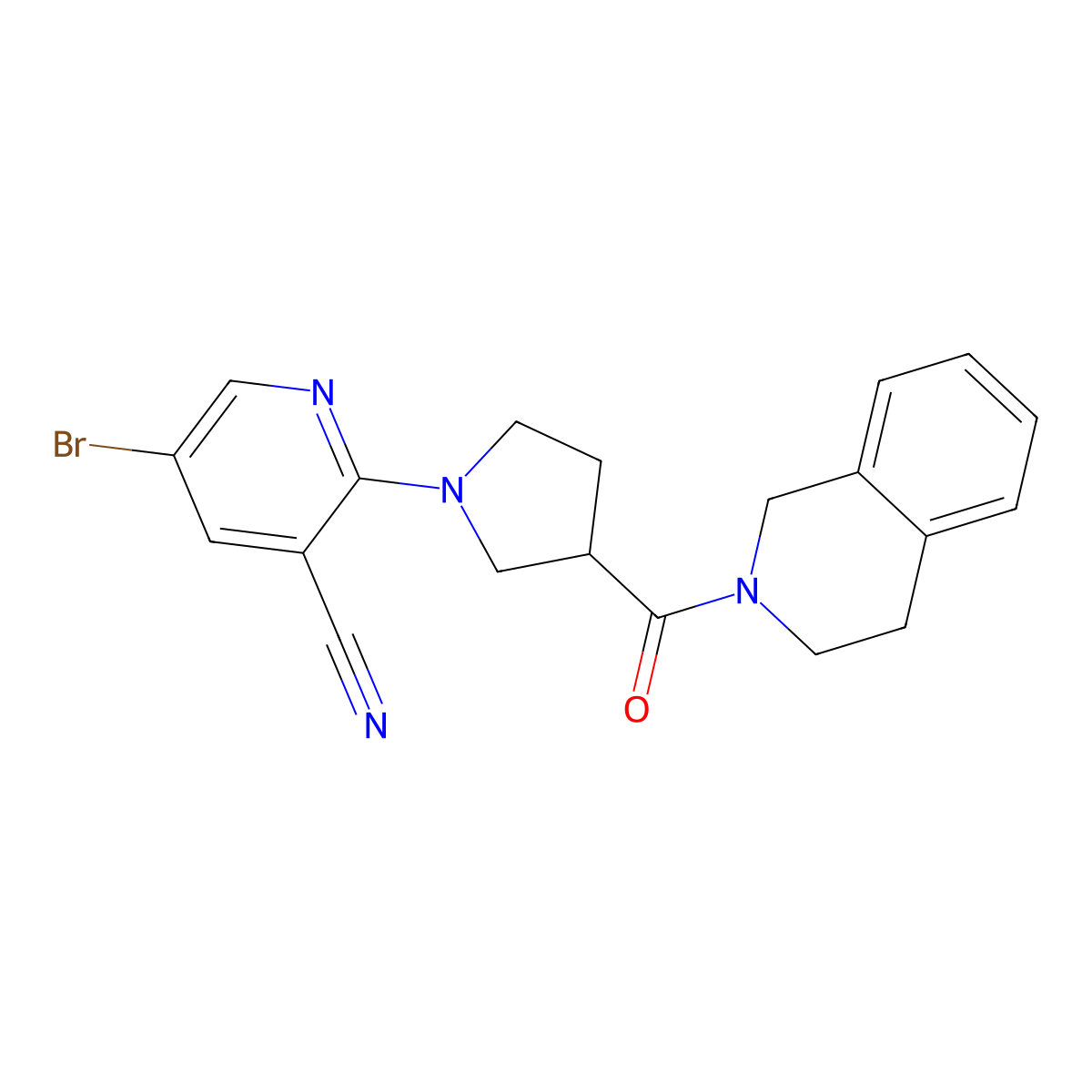 5-Bromo-2-[3-(1,2,3,4-tetrahydroisoquinoline-2-carbonyl)pyrrolidin-1-yl]pyridine-3-carbonitrile molecular structure, CAS 3054575-24-2