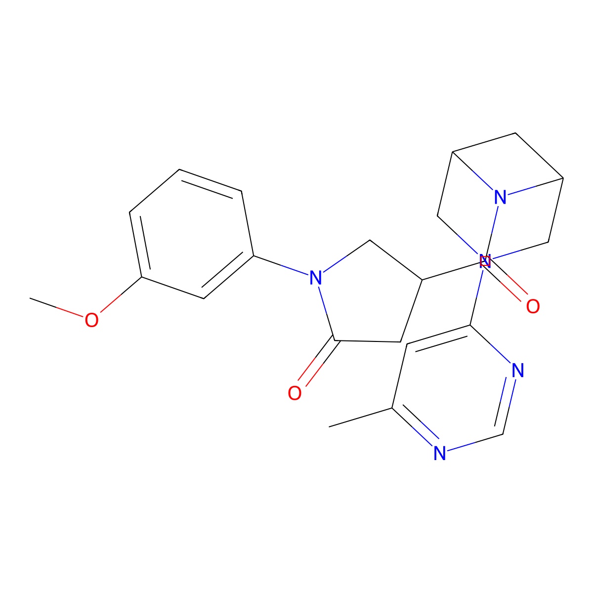 1-(3-Methoxyphenyl)-4-[3-(6-methylpyrimidin-4-yl)-3,6-diazabicyclo[3.1.1]heptane-6-carbonyl]pyrrolidin-2-one molecular structure, CAS 3054575-27-5