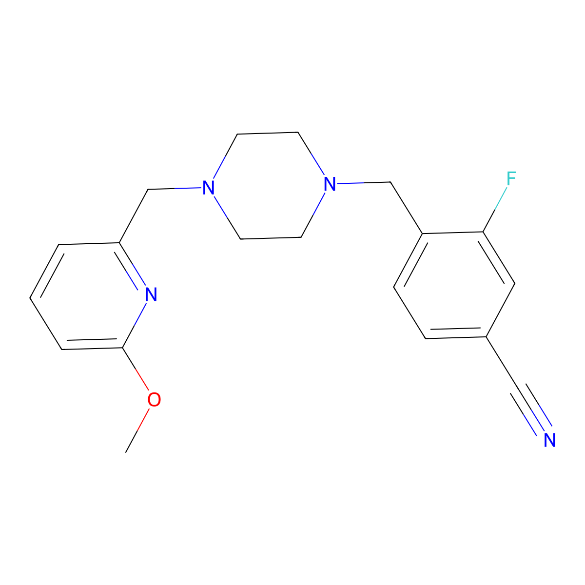 3-Fluoro-4-({4-[(6-methoxypyridin-2-yl)methyl]piperazin-1-yl}methyl)benzonitrile molecular structure, CAS 3054575-28-6