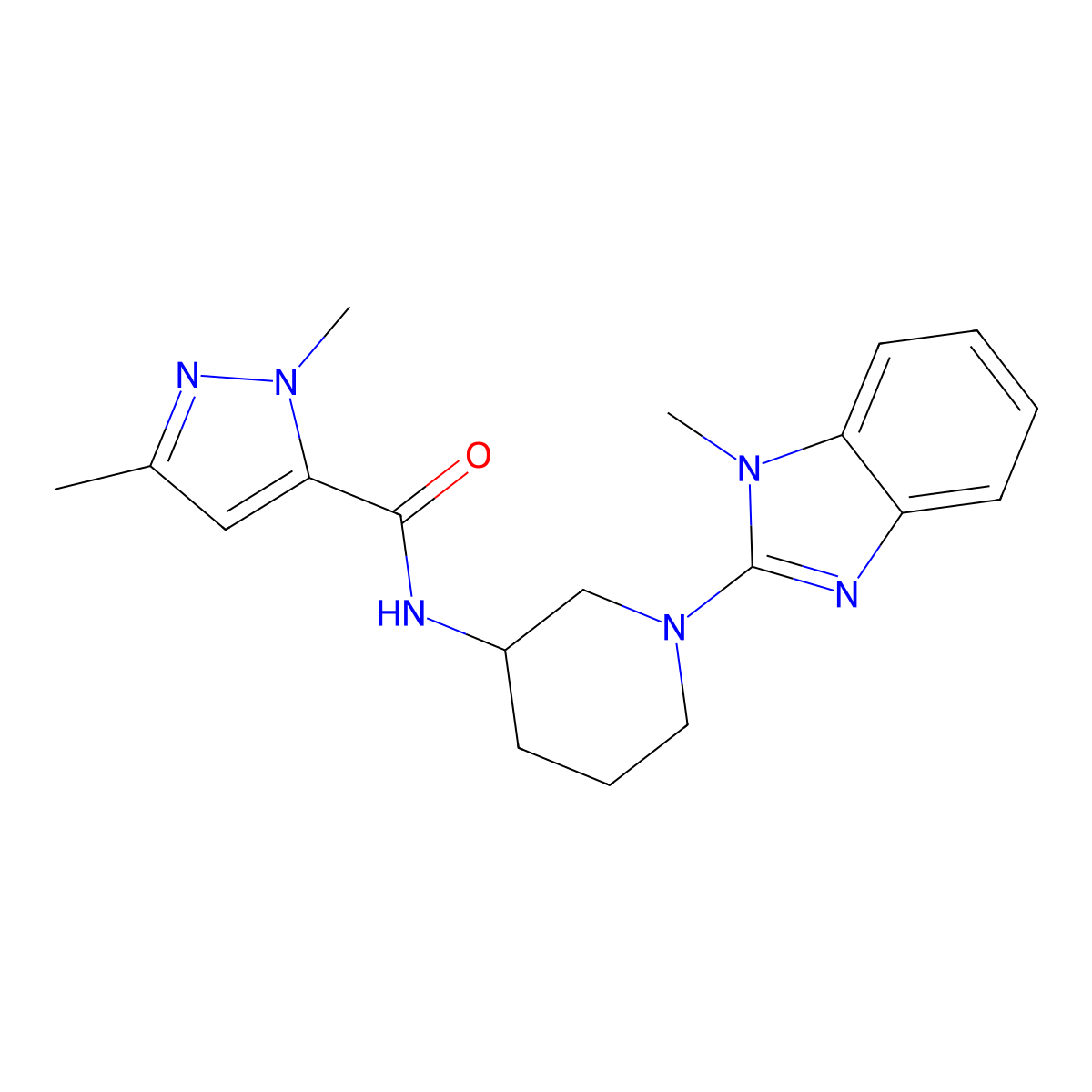 1,3-dimethyl-N-[1-(1-methyl-1H-1,3-benzodiazol-2-yl)piperidin-3-yl]-1H-pyrazole-5-carboxamide molecular structure, CAS 3054575-32-2