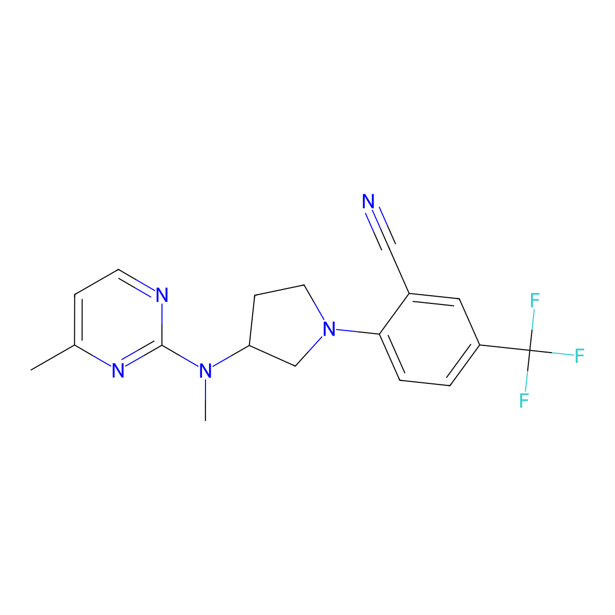 2-{3-[Methyl(4-methylpyrimidin-2-yl)amino]pyrrolidin-1-yl}-5-(trifluoromethyl)benzonitrile molecular structure, CAS 3054575-33-3