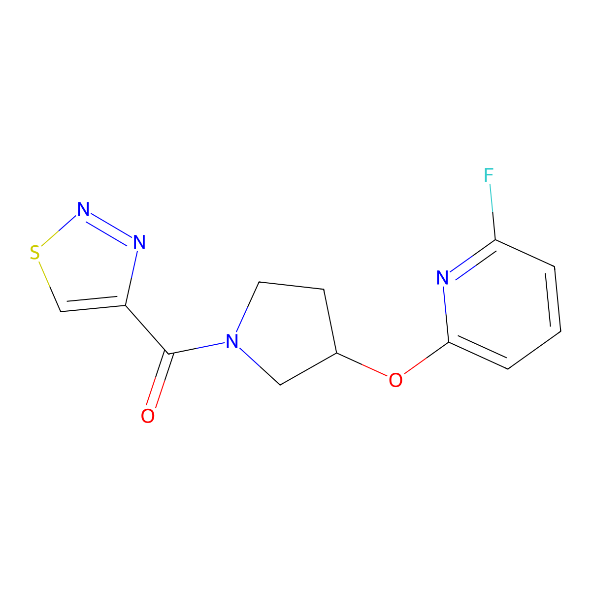 2-Fluoro-6-{[1-(1,2,3-thiadiazole-4-carbonyl)pyrrolidin-3-yl]oxy}pyridine molecular structure, CAS 3054575-42-4