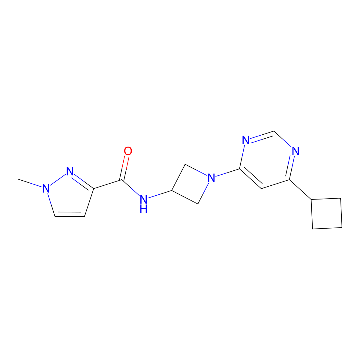 N-[1-(6-cyclobutylpyrimidin-4-yl)azetidin-3-yl]-1-methyl-1H-pyrazole-3-carboxamide molecular structure, CAS 3054575-45-7