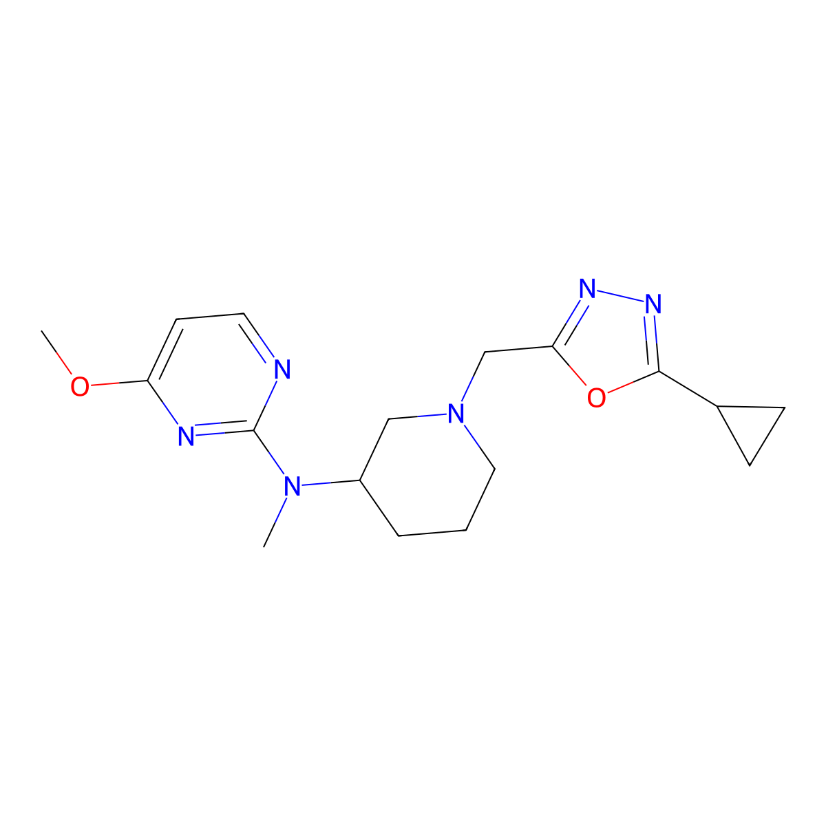 N-{1-[(5-cyclopropyl-1,3,4-oxadiazol-2-yl)methyl]piperidin-3-yl}-4-methoxy-N-methylpyrimidin-2-amine molecular structure, CAS 3054575-52-6