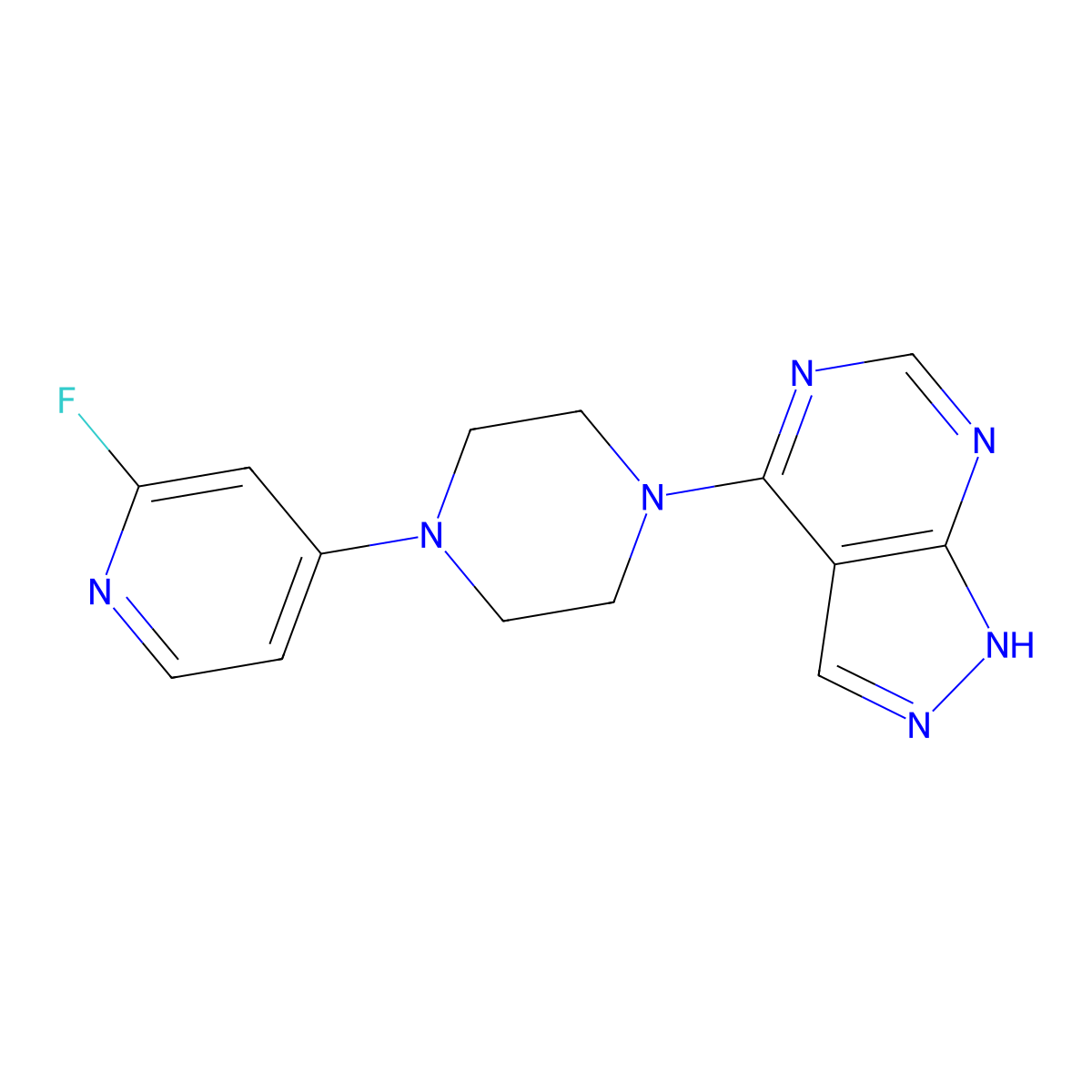 1-(2-fluoropyridin-4-yl)-4-{1H-pyrazolo[3,4-d]pyrimidin-4-yl}piperazine molecular structure, CAS 3054575-59-3