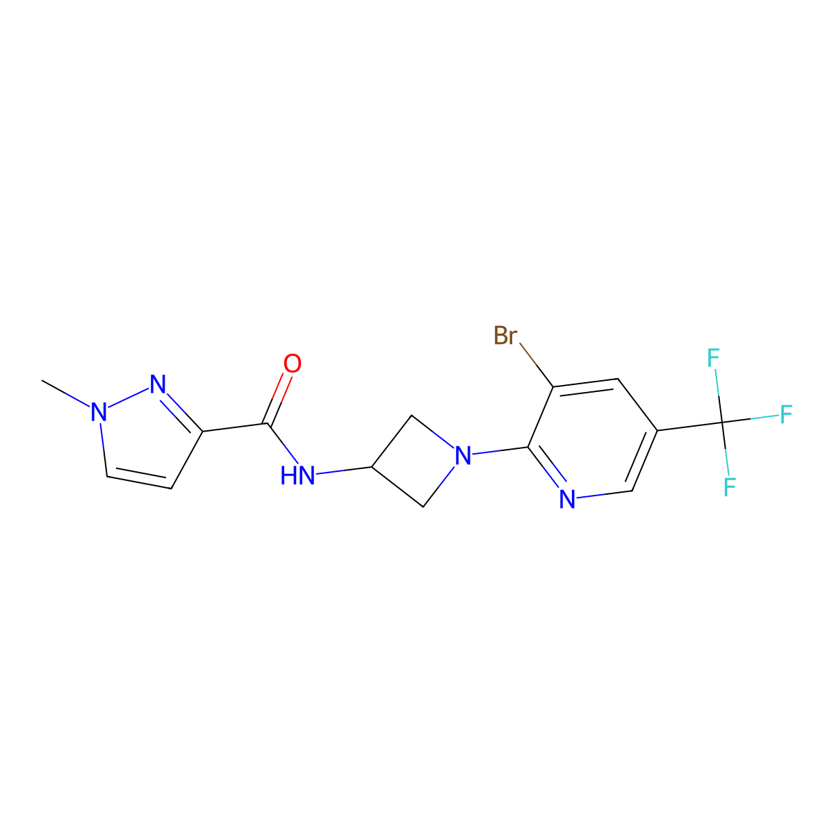 N-{1-[3-bromo-5-(trifluoromethyl)pyridin-2-yl]azetidin-3-yl}-1-methyl-1H-pyrazole-3-carboxamide molecular structure, CAS 3054575-60-6