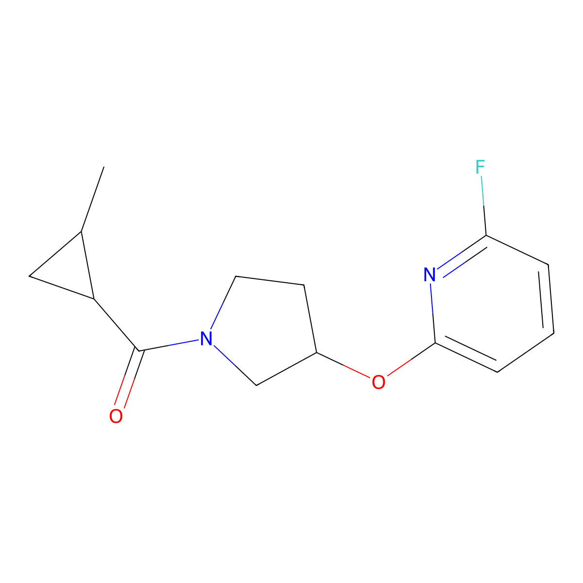 2-Fluoro-6-{[1-(2-methylcyclopropanecarbonyl)pyrrolidin-3-yl]oxy}pyridine molecular structure, CAS 3054575-62-8