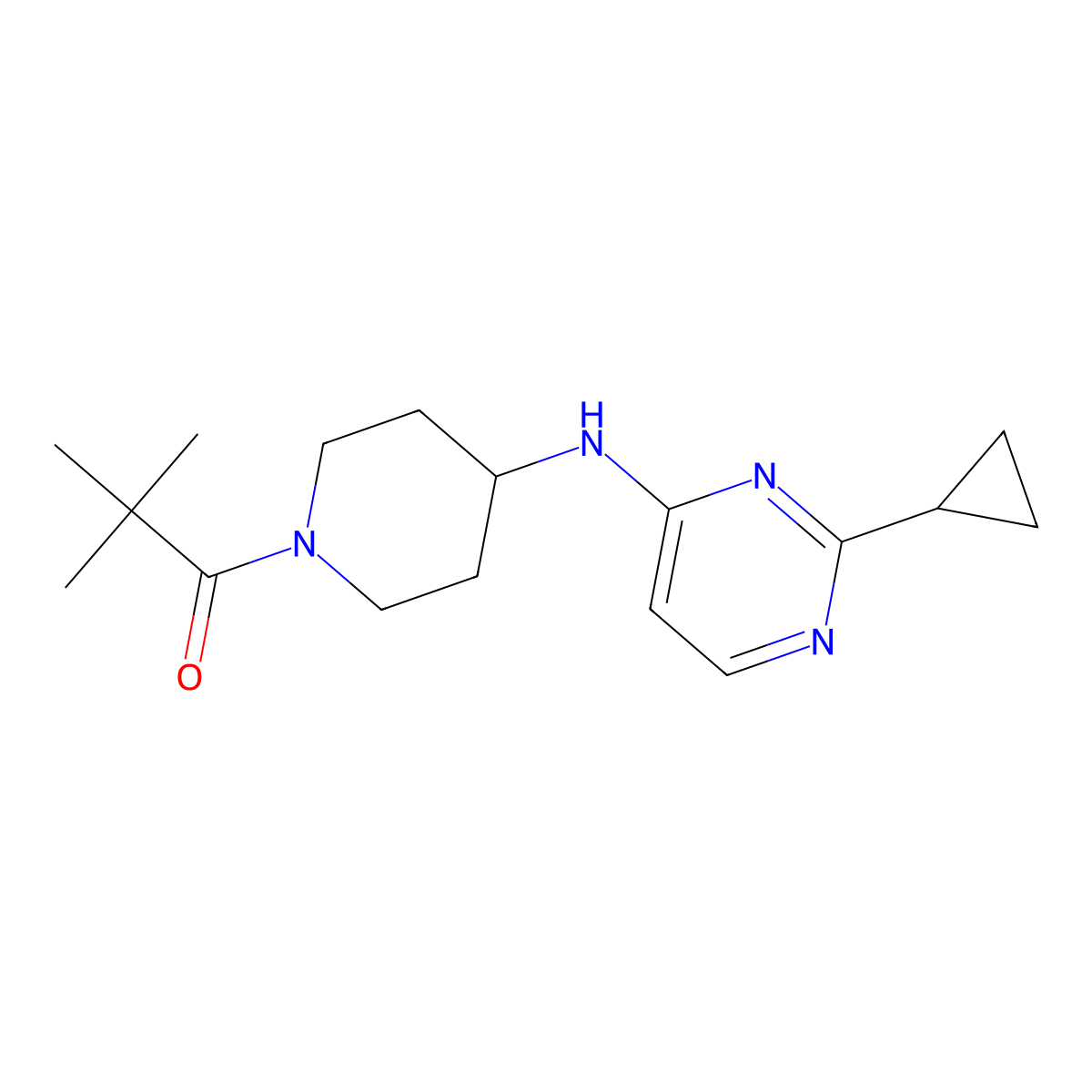 1-{4-[(2-Cyclopropylpyrimidin-4-yl)amino]piperidin-1-yl}-2,2-dimethylpropan-1-one molecular structure, CAS 3054575-71-9