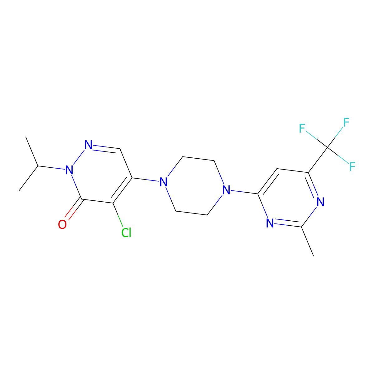 4-Chloro-5-{4-[2-methyl-6-(trifluoromethyl)pyrimidin-4-yl]piperazin-1-yl}-2-(propan-2-yl)-2,3-dihydropyridazin-3-one molecular structure, CAS 3054575-74-2