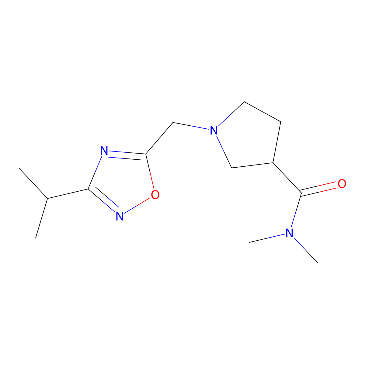 N,N-dimethyl-1-{[3-(propan-2-yl)-1,2,4-oxadiazol-5-yl]methyl}pyrrolidine-3-carboxamide molecular structure, CAS 3054575-76-4
