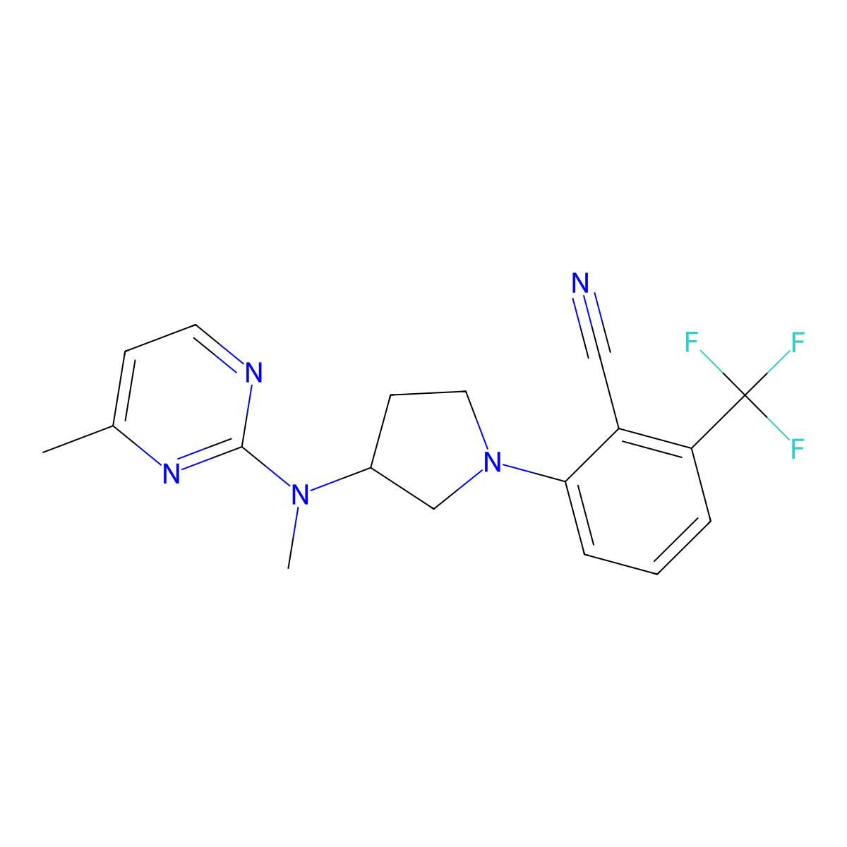 2-{3-[Methyl(4-methylpyrimidin-2-yl)amino]pyrrolidin-1-yl}-6-(trifluoromethyl)benzonitrile molecular structure, CAS 3054575-84-4