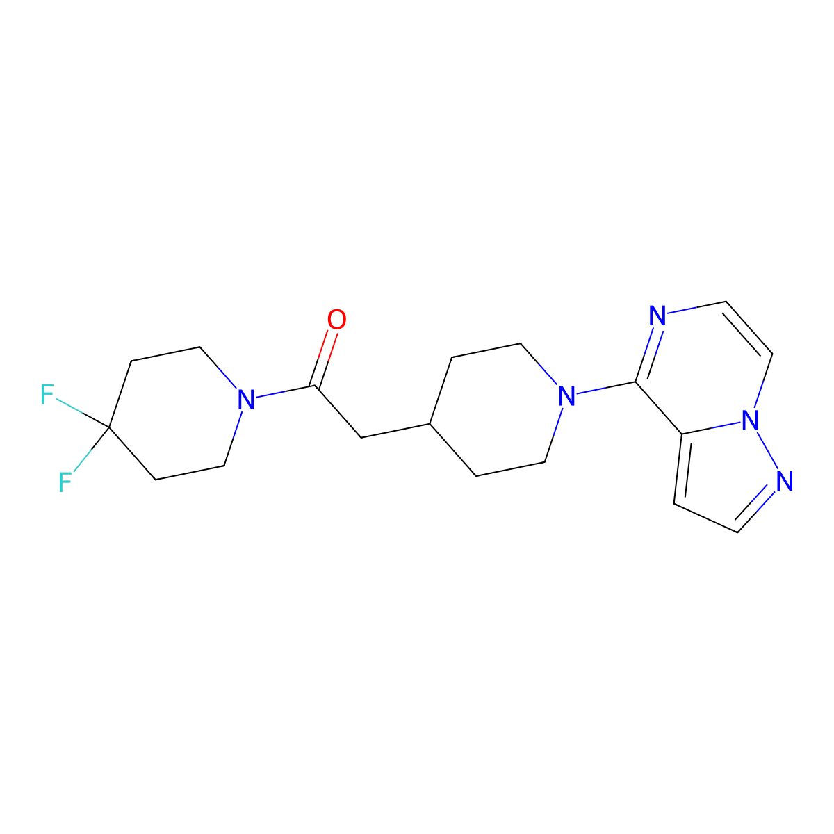 1-(4,4-Difluoropiperidin-1-yl)-2-(1-{pyrazolo[1,5-a]pyrazin-4-yl}piperidin-4-yl)ethan-1-one molecular structure, CAS 3054576-03-0