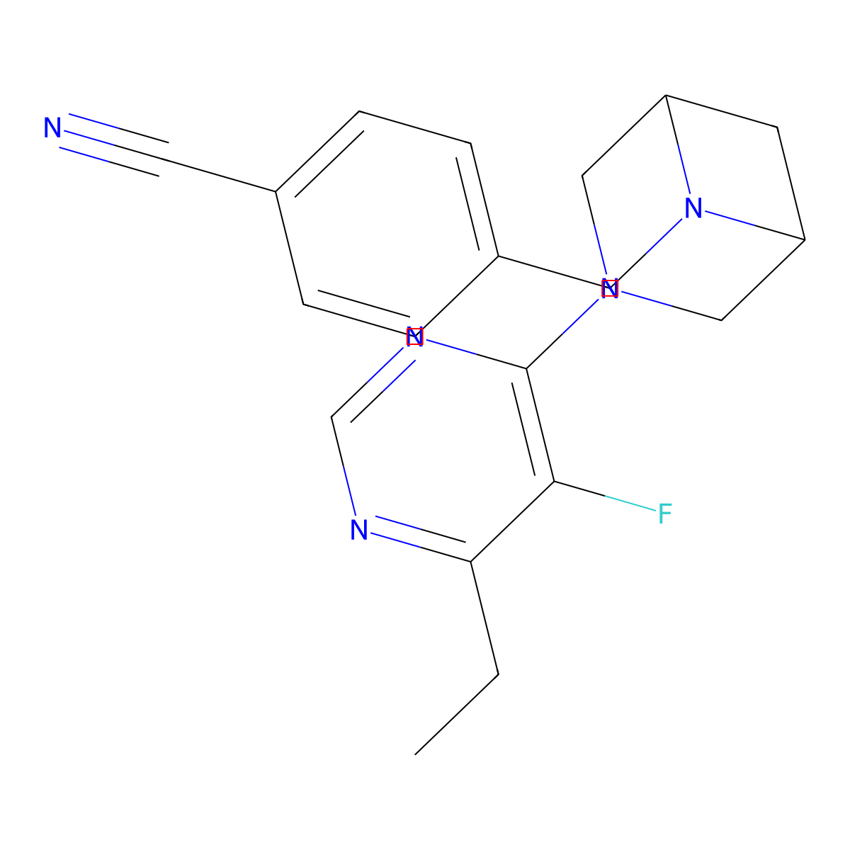 4-{[3-(6-Ethyl-5-fluoropyrimidin-4-yl)-3,6-diazabicyclo[3.1.1]heptan-6-yl]methyl}benzonitrile molecular structure, CAS 3054576-06-3