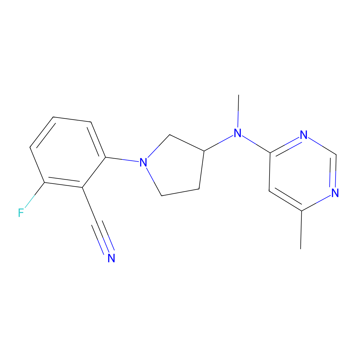 2-Fluoro-6-{3-[methyl(6-methylpyrimidin-4-yl)amino]pyrrolidin-1-yl}benzonitrile molecular structure, CAS 3054576-14-3
