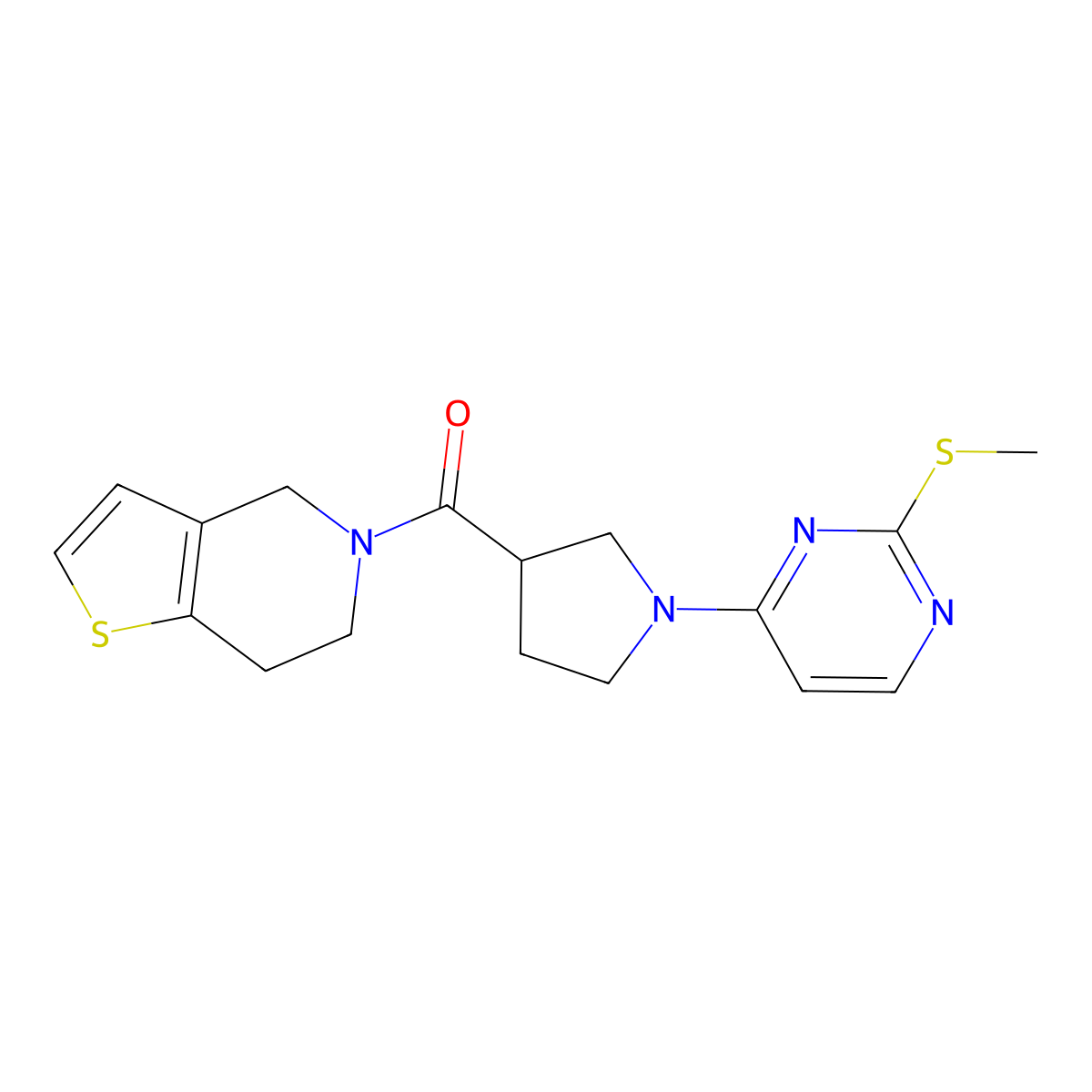 2-(methylsulfanyl)-4-(3-{4H,5H,6H,7H-thieno[3,2-c]pyridine-5-carbonyl}pyrrolidin-1-yl)pyrimidine molecular structure, CAS 3054576-23-4