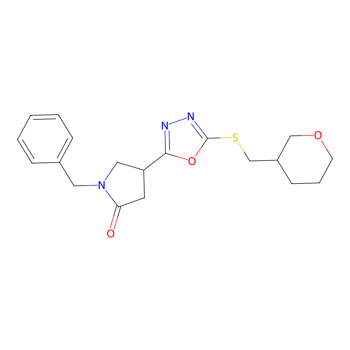 1-Benzyl-4-(5-{[(oxan-3-yl)methyl]sulfanyl}-1,3,4-oxadiazol-2-yl)pyrrolidin-2-one molecular structure, CAS 3054576-26-7