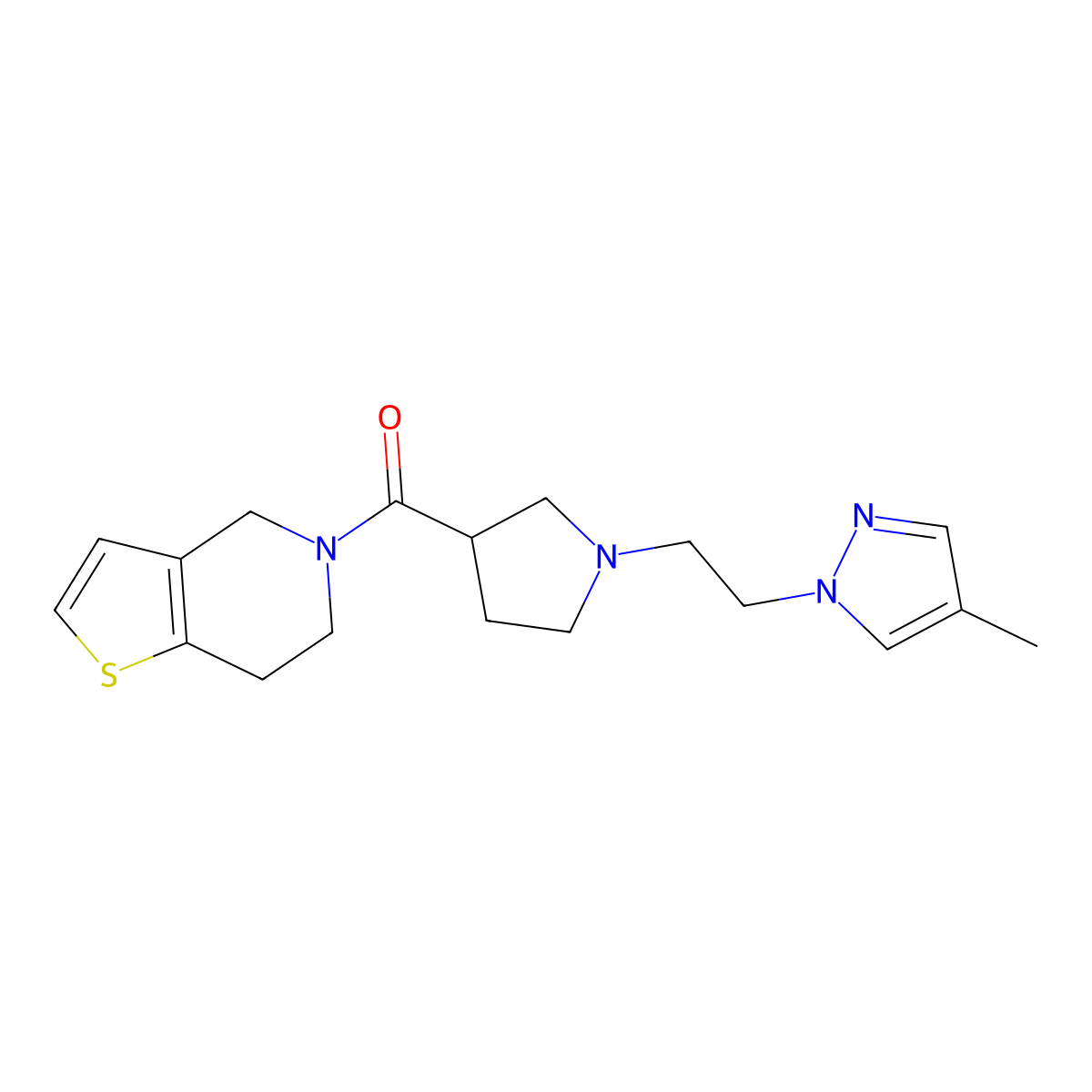 4-methyl-1-[2-(3-{4H,5H,6H,7H-thieno[3,2-c]pyridine-5-carbonyl}pyrrolidin-1-yl)ethyl]-1H-pyrazole molecular structure, CAS 3054576-31-4