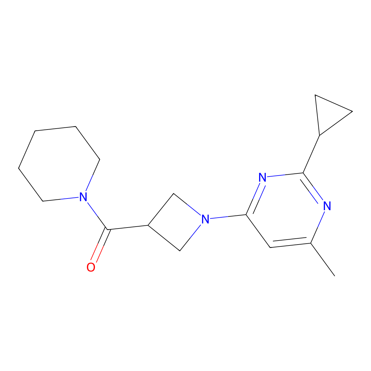 2-Cyclopropyl-4-methyl-6-[3-(piperidine-1-carbonyl)azetidin-1-yl]pyrimidine molecular structure, CAS 3054576-33-6