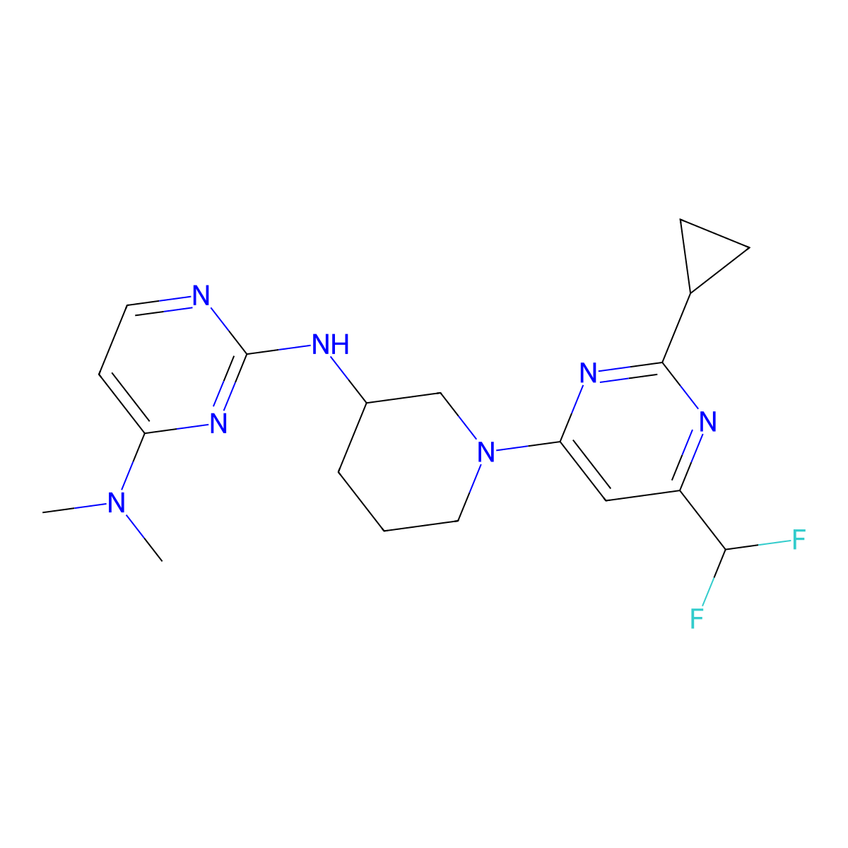 N2-{1-[2-cyclopropyl-6-(difluoromethyl)pyrimidin-4-yl]piperidin-3-yl}-N4,N4-dimethylpyrimidine-2,4-diamine molecular structure, CAS 3054576-36-9