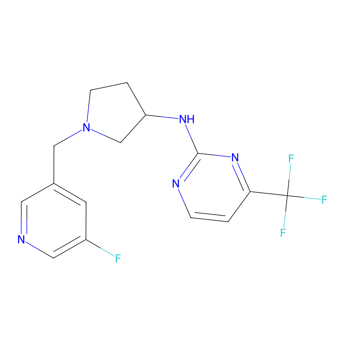 N-{1-[(5-fluoropyridin-3-yl)methyl]pyrrolidin-3-yl}-4-(trifluoromethyl)pyrimidin-2-amine molecular structure, CAS 3054576-49-4