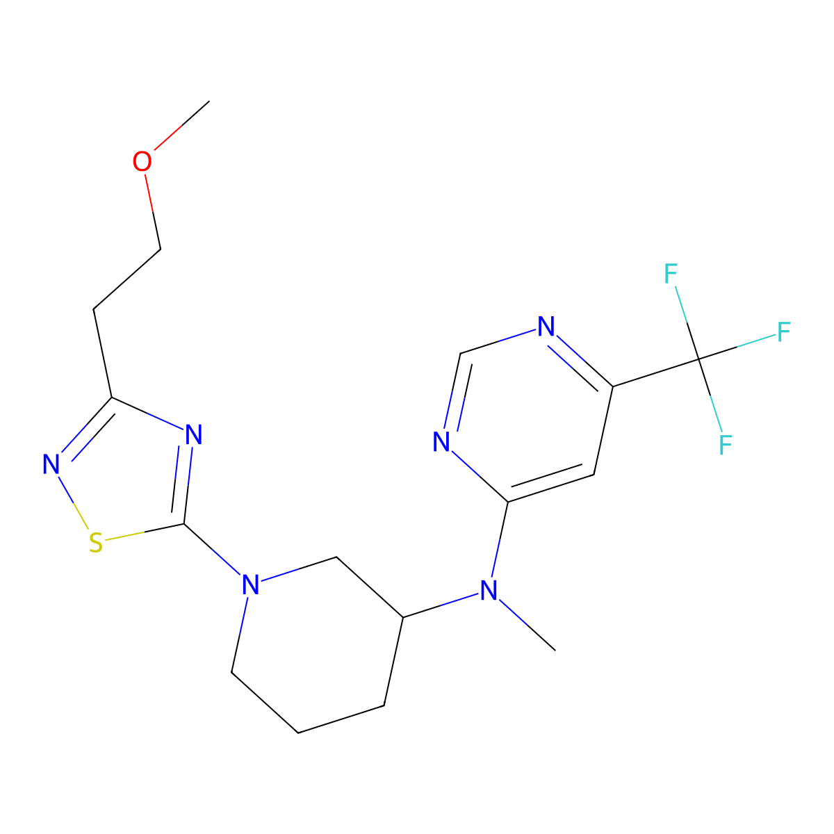 N-{1-[3-(2-methoxyethyl)-1,2,4-thiadiazol-5-yl]piperidin-3-yl}-N-methyl-6-(trifluoromethyl)pyrimidin-4-amine molecular structure, CAS 3054576-57-4