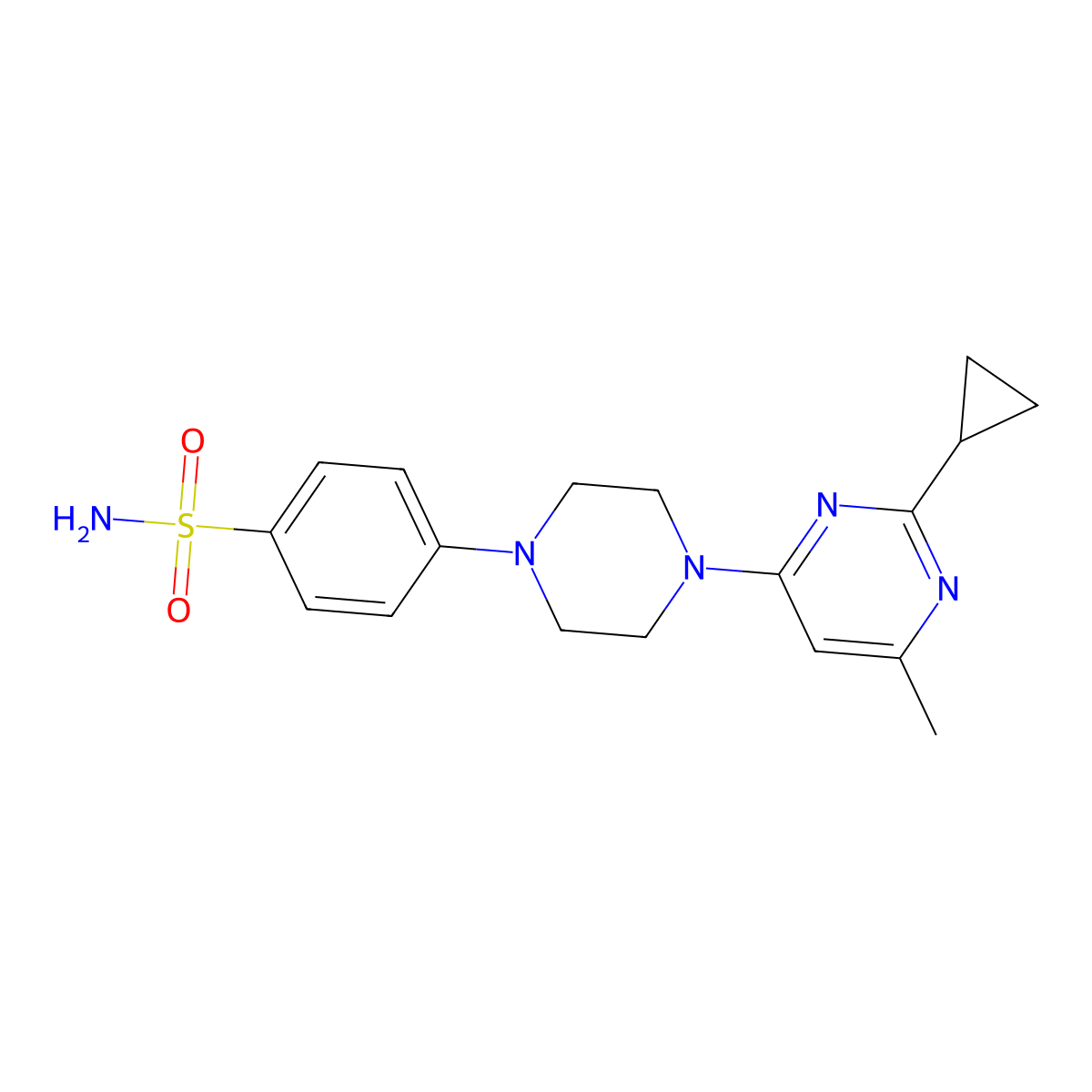 4-[4-(2-Cyclopropyl-6-methylpyrimidin-4-yl)piperazin-1-yl]benzene-1-sulfonamide molecular structure, CAS 3054576-58-5