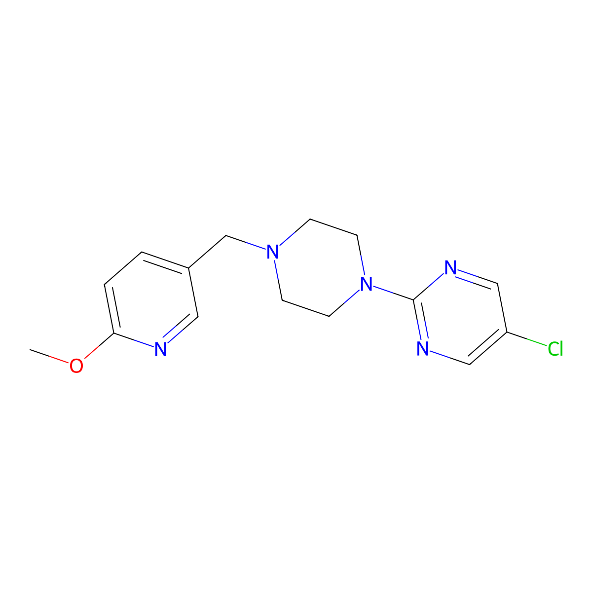 5-Chloro-2-{4-[(6-methoxypyridin-3-yl)methyl]piperazin-1-yl}pyrimidine molecular structure, CAS 3054576-59-6