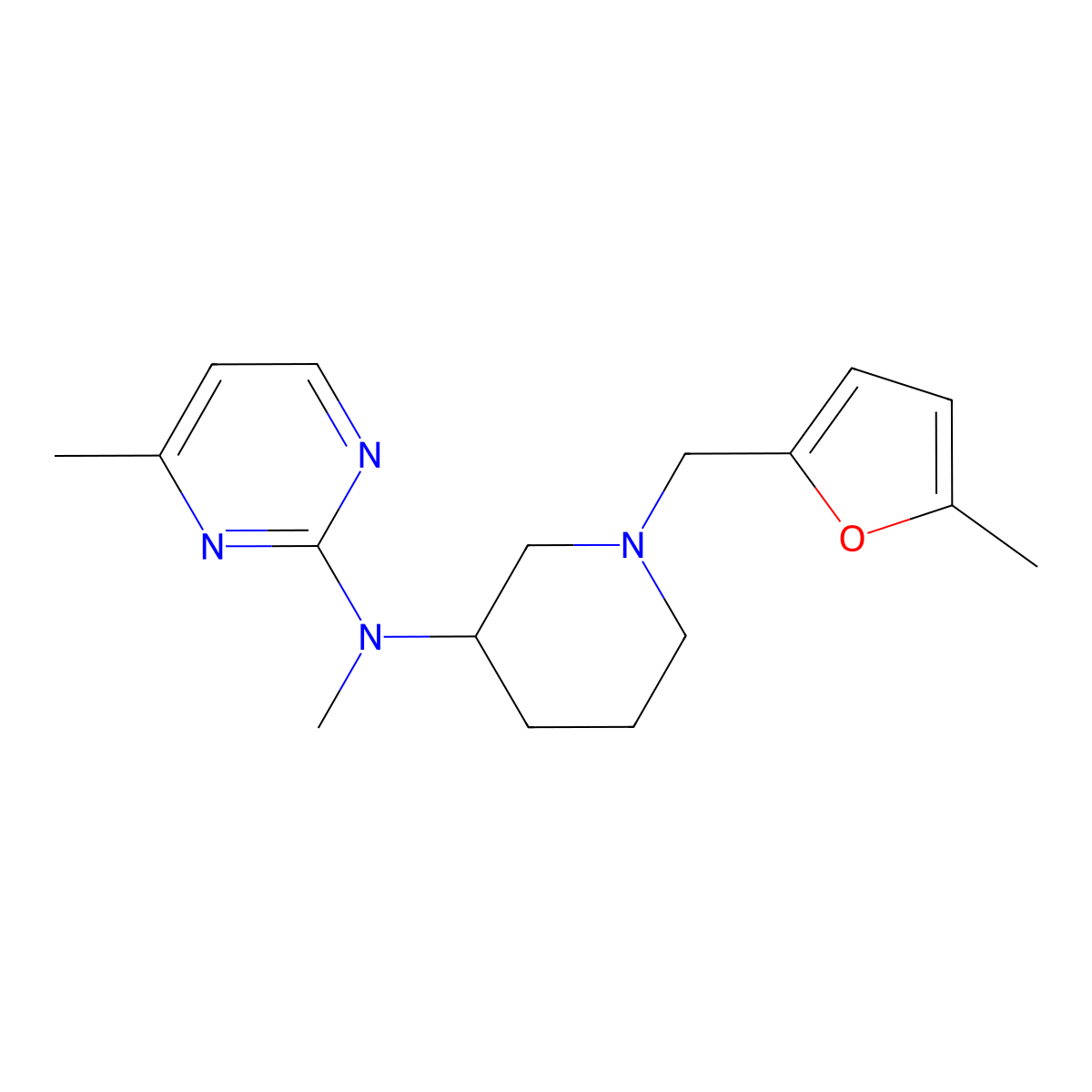 N,4-dimethyl-N-{1-[(5-methylfuran-2-yl)methyl]piperidin-3-yl}pyrimidin-2-amine molecular structure, CAS 3054576-75-6