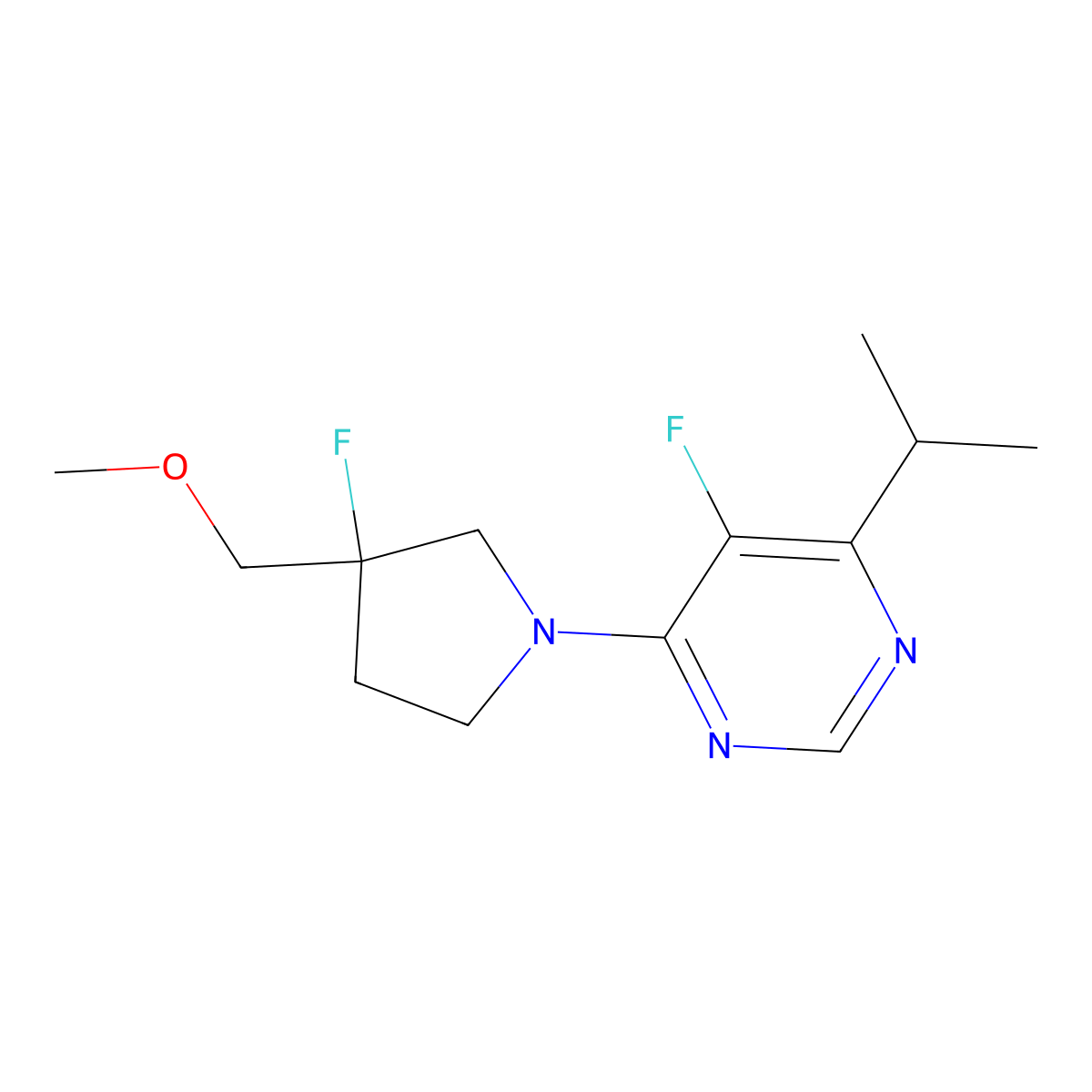 5-Fluoro-4-[3-fluoro-3-(methoxymethyl)pyrrolidin-1-yl]-6-(propan-2-yl)pyrimidine molecular structure, CAS 3054576-76-7
