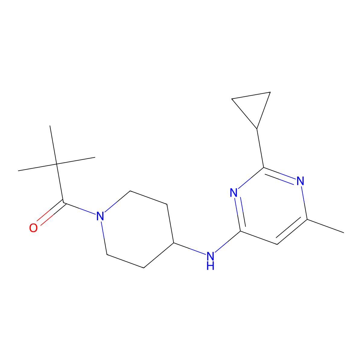 1-{4-[(2-Cyclopropyl-6-methylpyrimidin-4-yl)amino]piperidin-1-yl}-2,2-dimethylpropan-1-one molecular structure, CAS 3054576-80-3