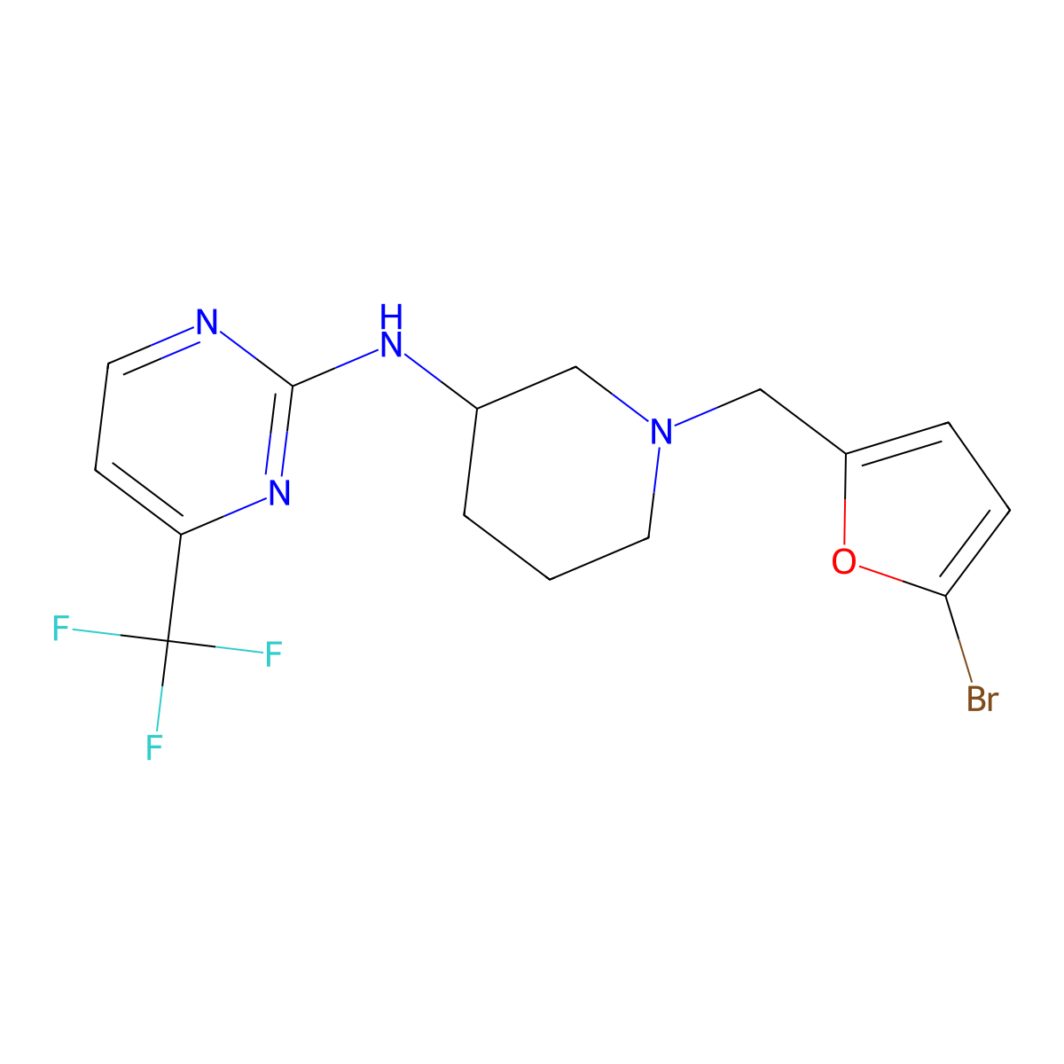 N-{1-[(5-bromofuran-2-yl)methyl]piperidin-3-yl}-4-(trifluoromethyl)pyrimidin-2-amine molecular structure, CAS 3054577-01-1