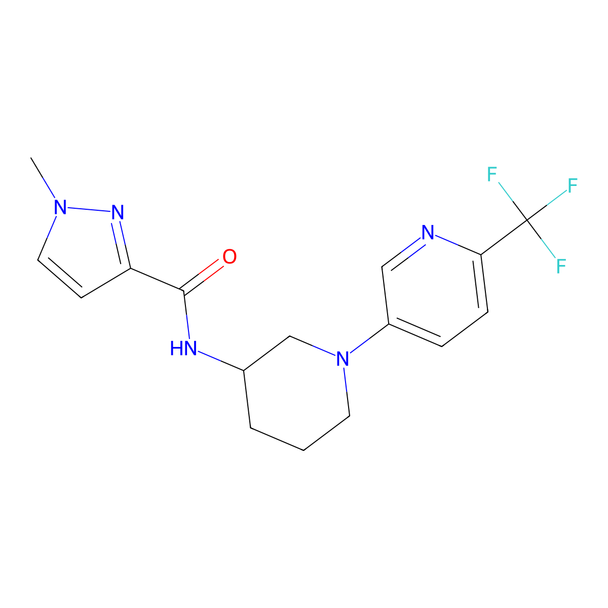 1-methyl-N-{1-[6-(trifluoromethyl)pyridin-3-yl]piperidin-3-yl}-1H-pyrazole-3-carboxamide molecular structure, CAS 3054577-04-4