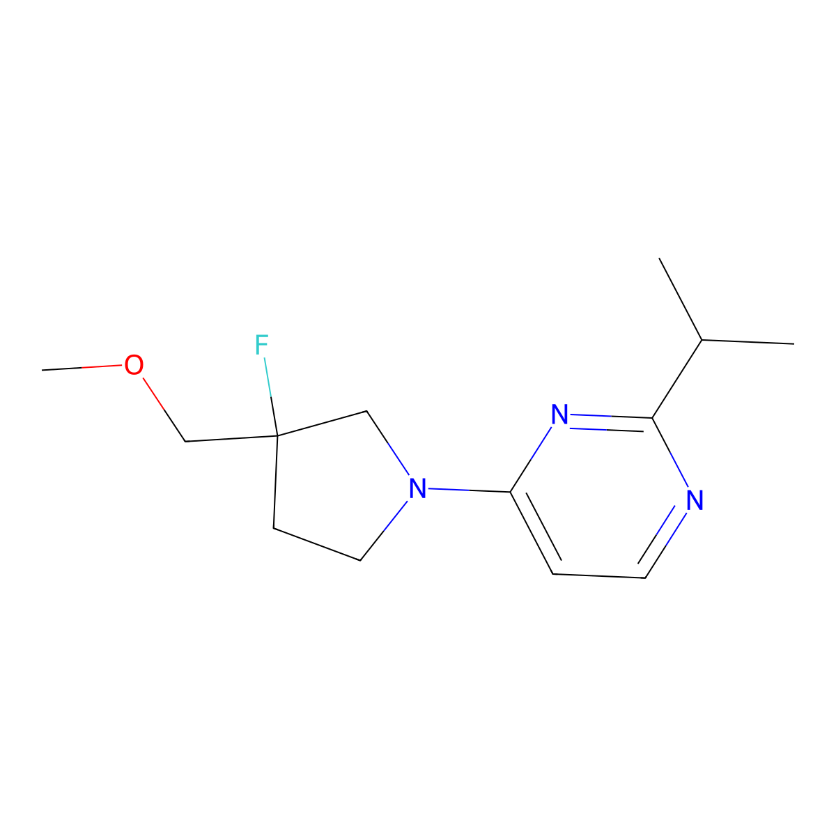 4-[3-Fluoro-3-(methoxymethyl)pyrrolidin-1-yl]-2-(propan-2-yl)pyrimidine molecular structure, CAS 3054577-15-7