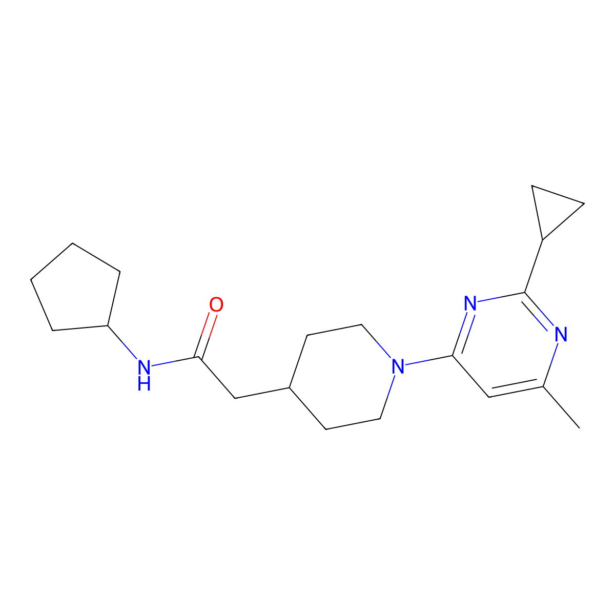 N-cyclopentyl-2-[1-(2-cyclopropyl-6-methylpyrimidin-4-yl)piperidin-4-yl]acetamide molecular structure, CAS 3054577-16-8