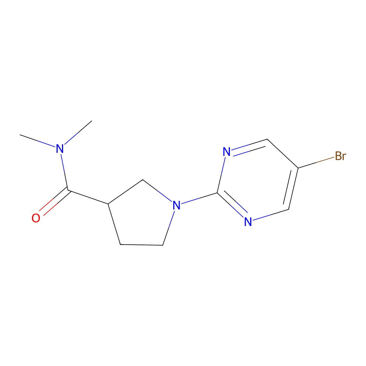 1-(5-bromopyrimidin-2-yl)-N,N-dimethylpyrrolidine-3-carboxamide molecular structure, CAS 3054577-25-9