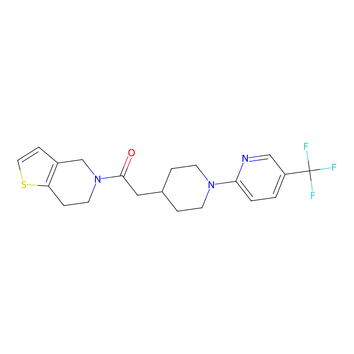 1-{4H,5H,6H,7H-thieno[3,2-c]pyridin-5-yl}-2-{1-[5-(trifluoromethyl)pyridin-2-yl]piperidin-4-yl}ethan-1-one molecular structure, CAS 3054577-29-3