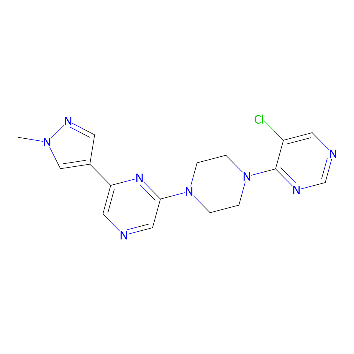 2-[4-(5-chloropyrimidin-4-yl)piperazin-1-yl]-6-(1-methyl-1H-pyrazol-4-yl)pyrazine molecular structure, CAS 3054577-34-0