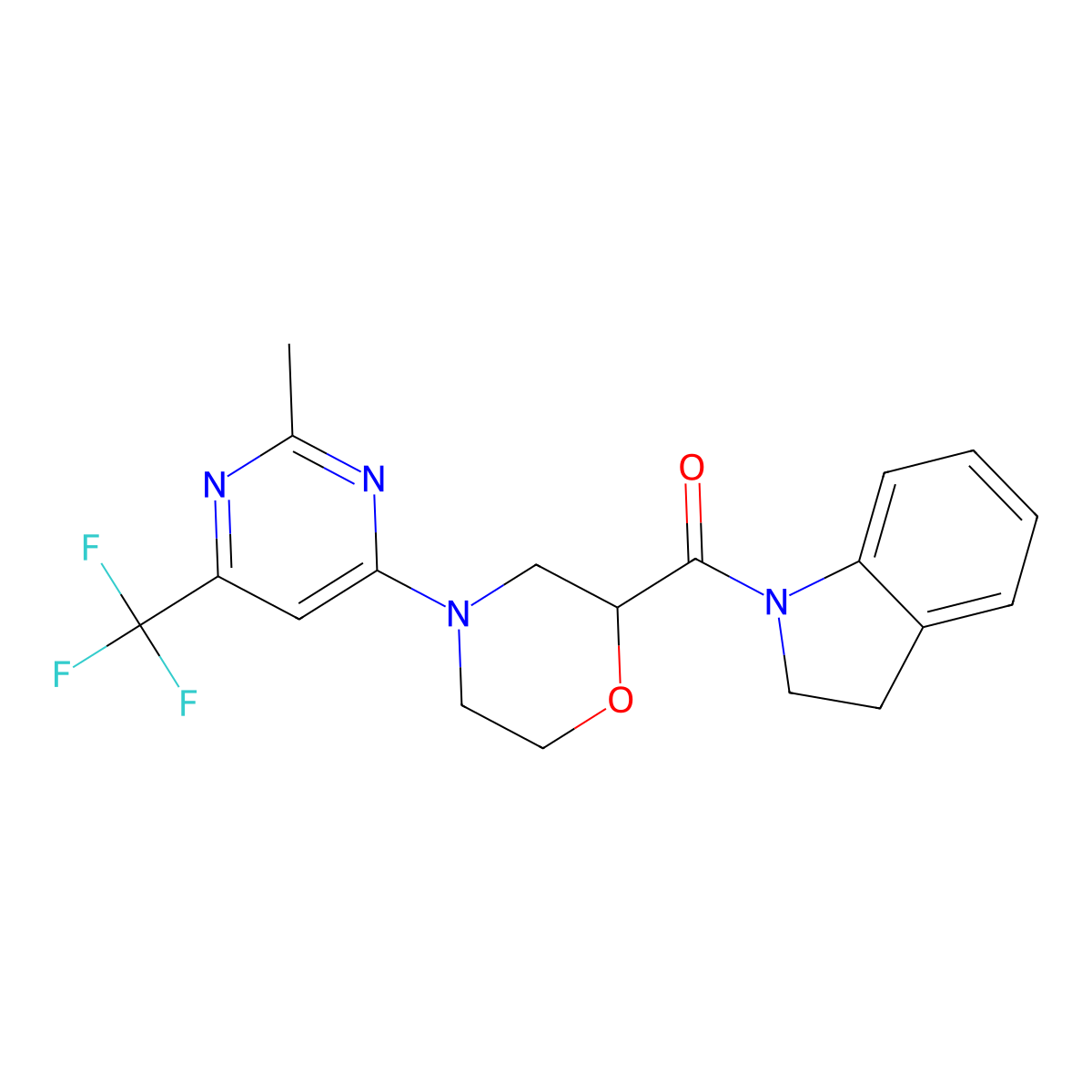 1-{4-[2-methyl-6-(trifluoromethyl)pyrimidin-4-yl]morpholine-2-carbonyl}-2,3-dihydro-1H-indole molecular structure, CAS 3054577-39-5
