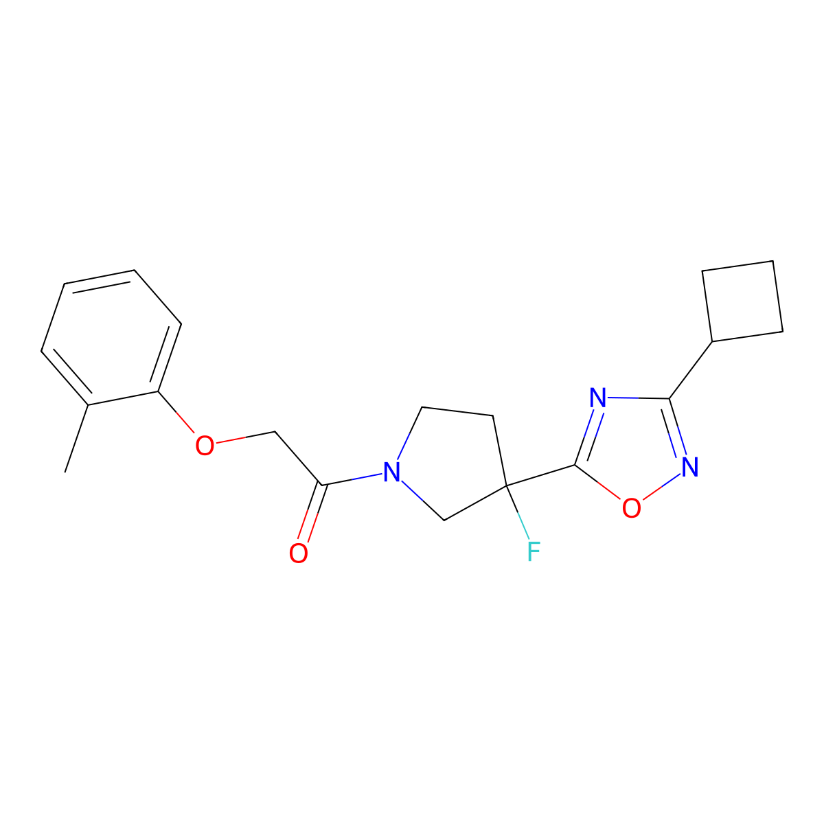 1-[3-(3-Cyclobutyl-1,2,4-oxadiazol-5-yl)-3-fluoropyrrolidin-1-yl]-2-(2-methylphenoxy)ethan-1-one molecular structure, CAS 3054577-41-9