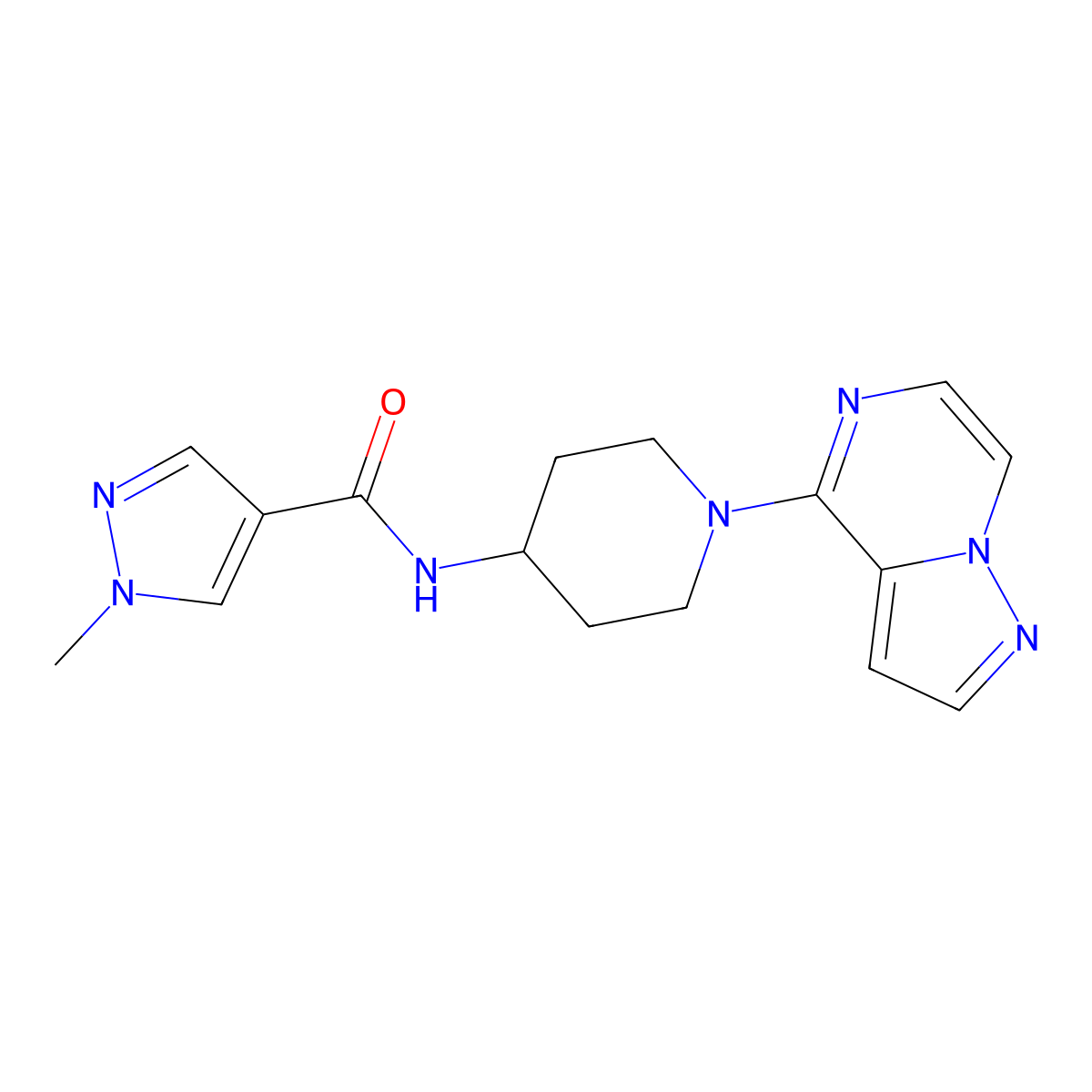 1-methyl-N-(1-{pyrazolo[1,5-a]pyrazin-4-yl}piperidin-4-yl)-1H-pyrazole-4-carboxamide molecular structure, CAS 3054577-43-1