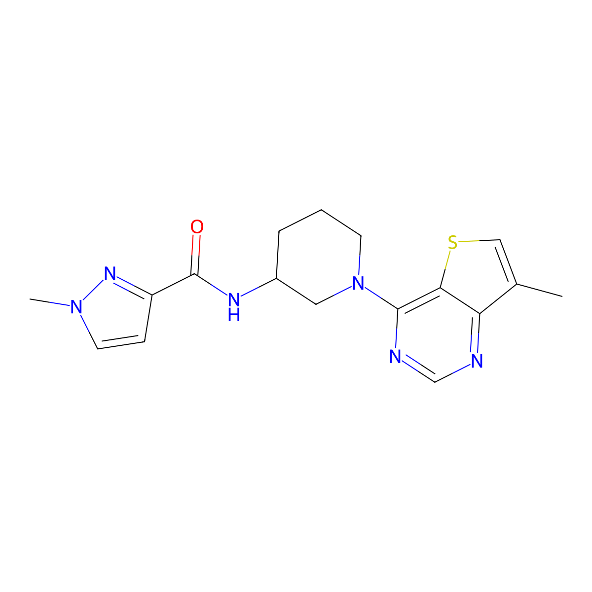 1-methyl-N-(1-{7-methylthieno[3,2-d]pyrimidin-4-yl}piperidin-3-yl)-1H-pyrazole-3-carboxamide molecular structure, CAS 3054577-54-4