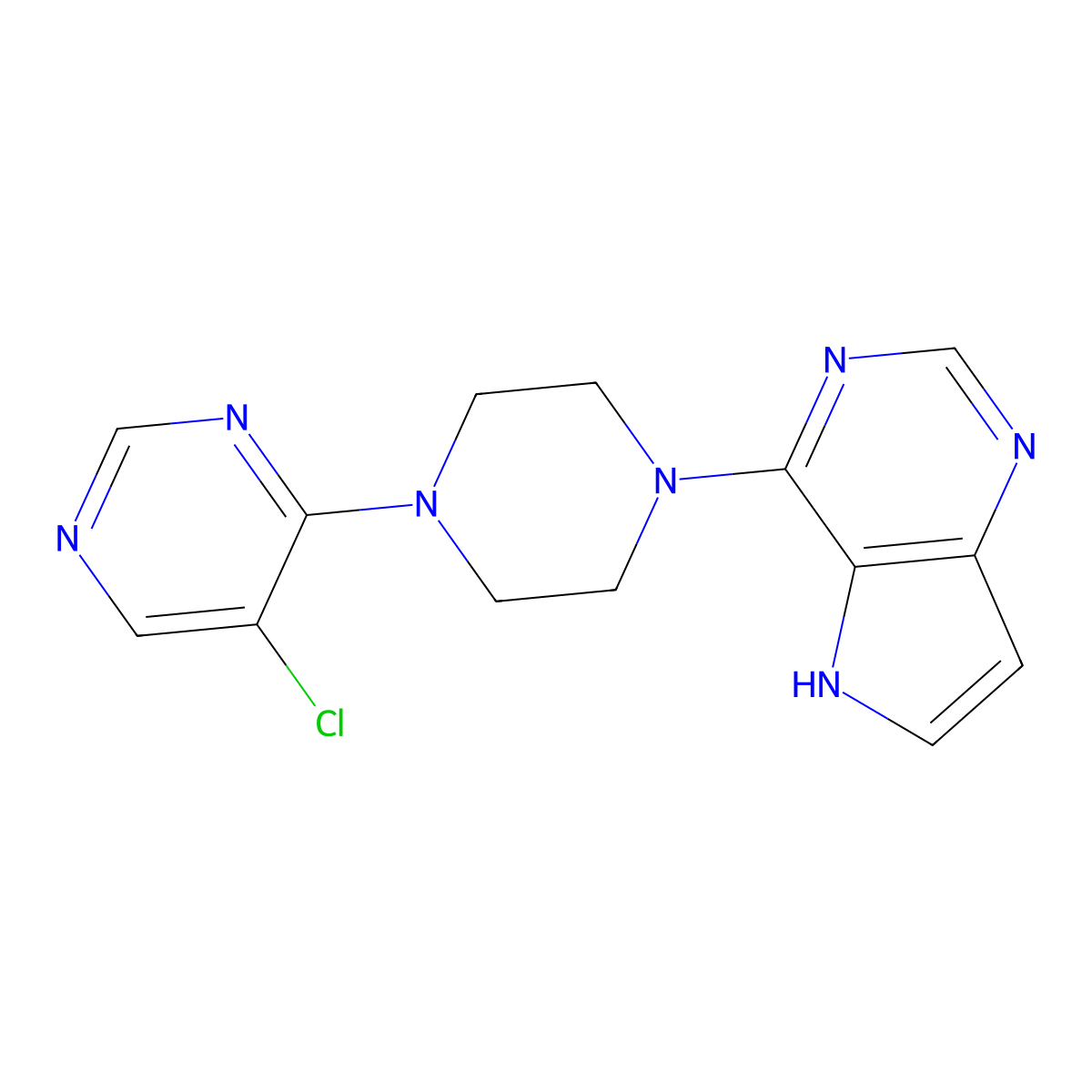 5-chloro-4-(4-{5H-pyrrolo[3,2-d]pyrimidin-4-yl}piperazin-1-yl)pyrimidine molecular structure, CAS 3054577-64-6
