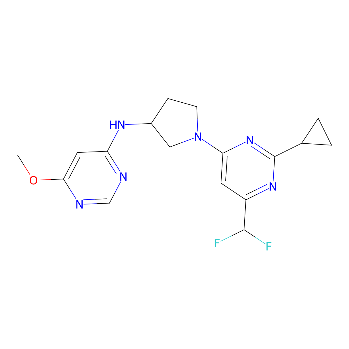 N-{1-[2-cyclopropyl-6-(difluoromethyl)pyrimidin-4-yl]pyrrolidin-3-yl}-6-methoxypyrimidin-4-amine molecular structure, CAS 3054577-69-1