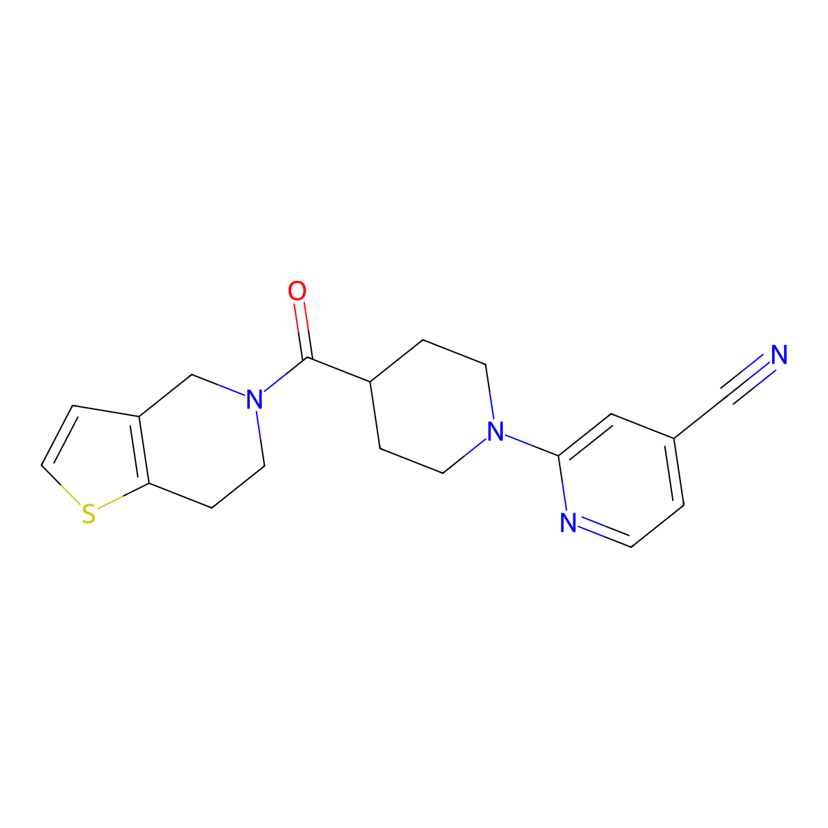 2-(4-{4H,5H,6H,7H-thieno[3,2-c]pyridine-5-carbonyl}piperidin-1-yl)pyridine-4-carbonitrile molecular structure, CAS 3054577-71-5