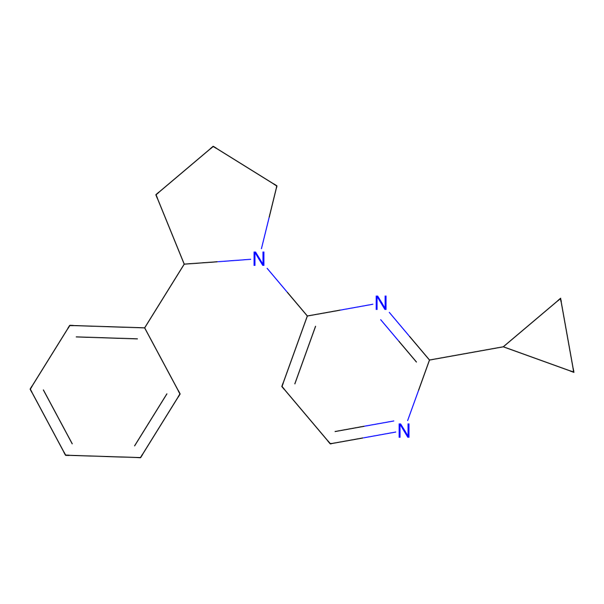 2-Cyclopropyl-4-(2-phenylpyrrolidin-1-yl)pyrimidine molecular structure, CAS 3054577-75-9