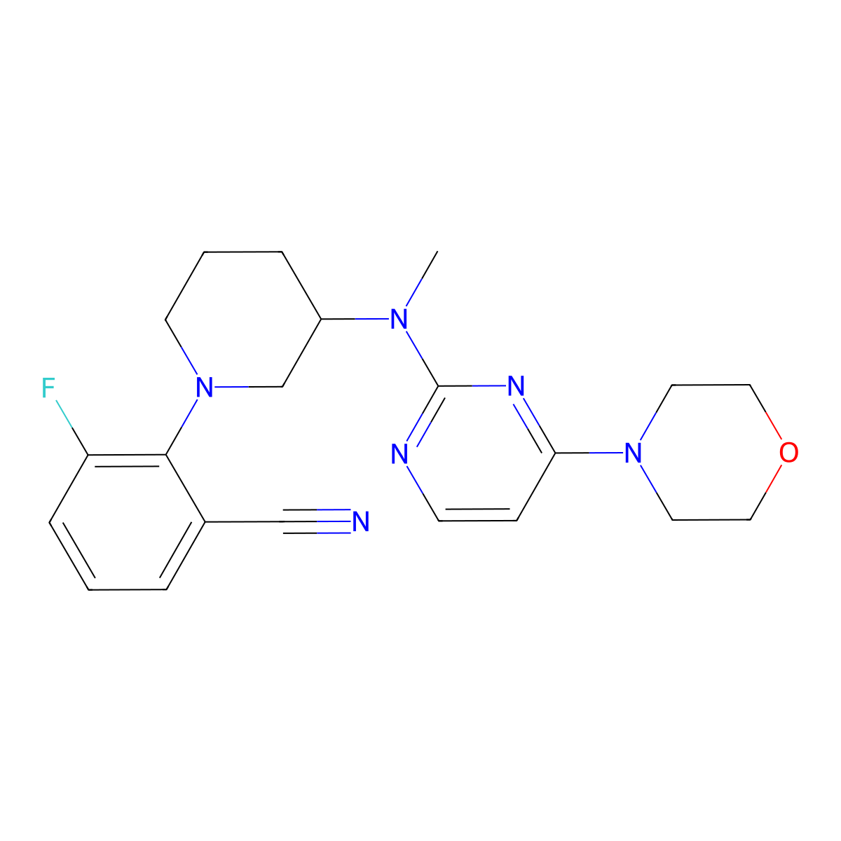 3-Fluoro-2-(3-{methyl[4-(morpholin-4-yl)pyrimidin-2-yl]amino}piperidin-1-yl)benzonitrile molecular structure, CAS 3054577-82-8