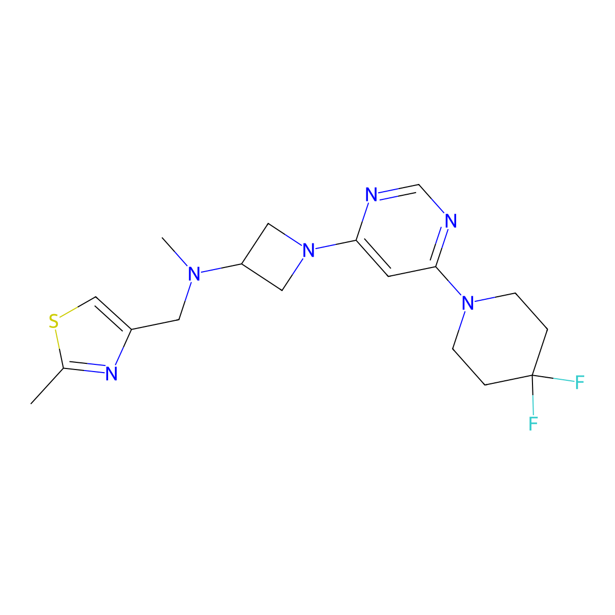 1-[6-(4,4-difluoropiperidin-1-yl)pyrimidin-4-yl]-N-methyl-N-[(2-methyl-1,3-thiazol-4-yl)methyl]azetidin-3-amine molecular structure, CAS 3054577-86-2