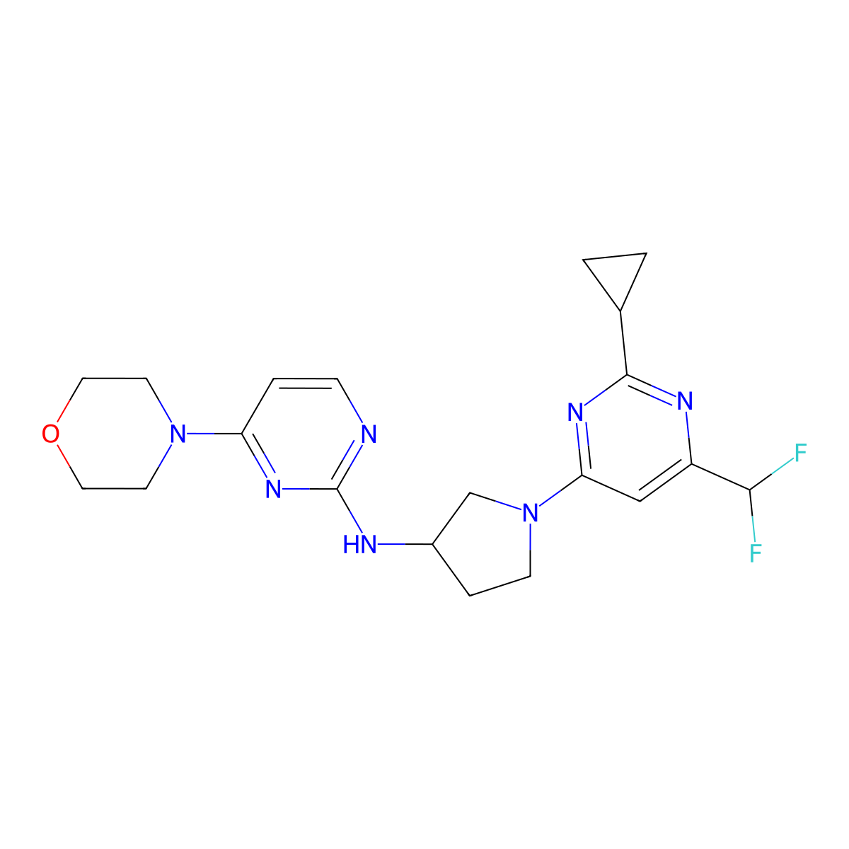 N-{1-[2-cyclopropyl-6-(difluoromethyl)pyrimidin-4-yl]pyrrolidin-3-yl}-4-(morpholin-4-yl)pyrimidin-2-amine molecular structure, CAS 3054577-87-3