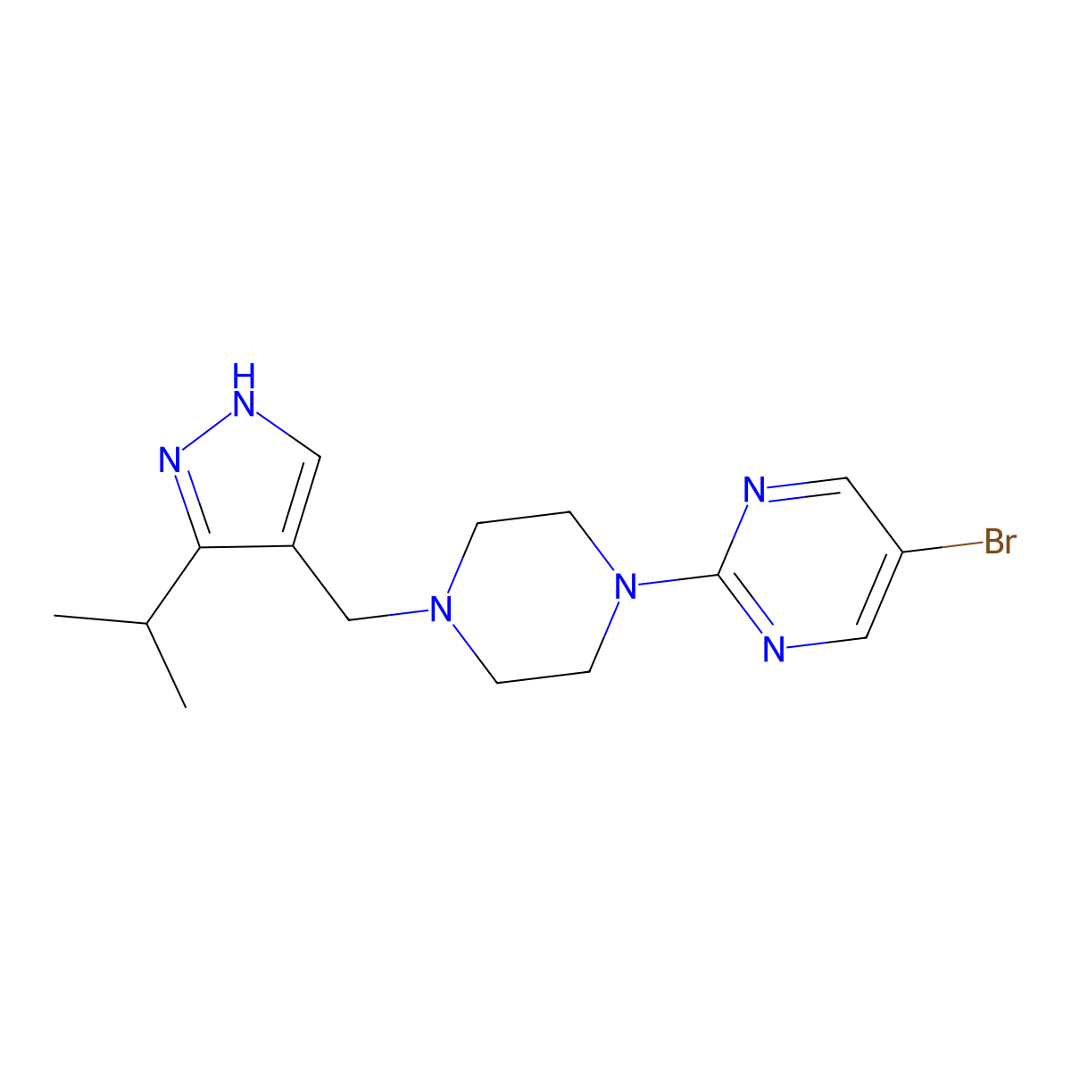5-bromo-2-(4-{[3-(propan-2-yl)-1H-pyrazol-4-yl]methyl}piperazin-1-yl)pyrimidine molecular structure, CAS 3054577-99-7